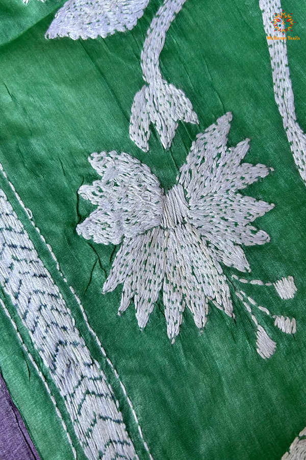 Hand Embroidered Silk Kantha Dupatta - Green