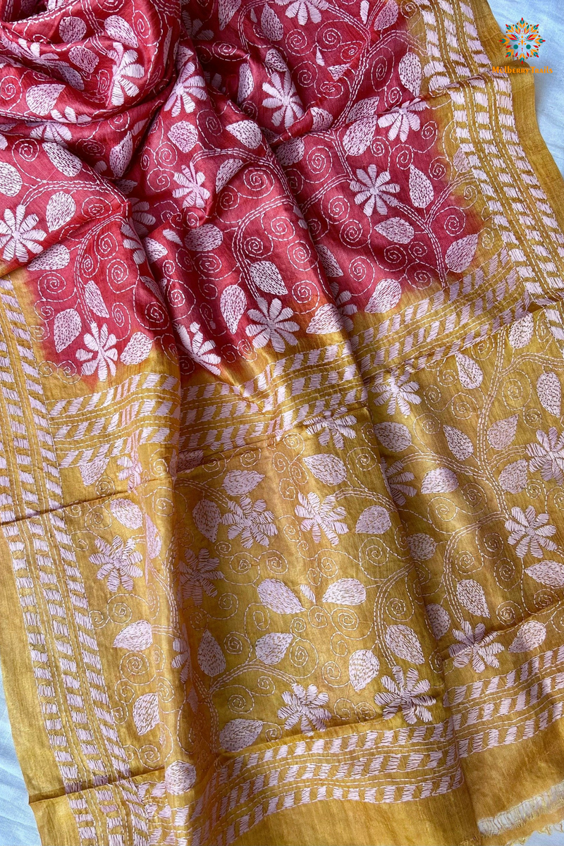 Hand Embroidered Silk Kantha Dupatta - Red yellow