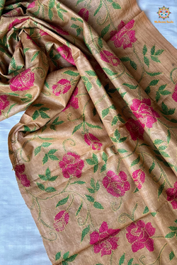 Hand Embroidered Silk Kantha Dupatta - Beige Pink