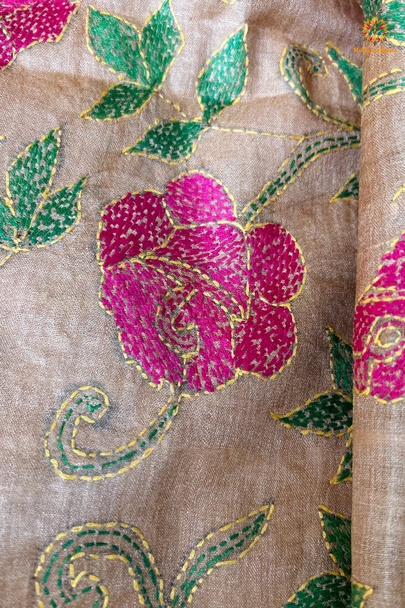 Hand Embroidered Silk Kantha Dupatta - Beige Pink