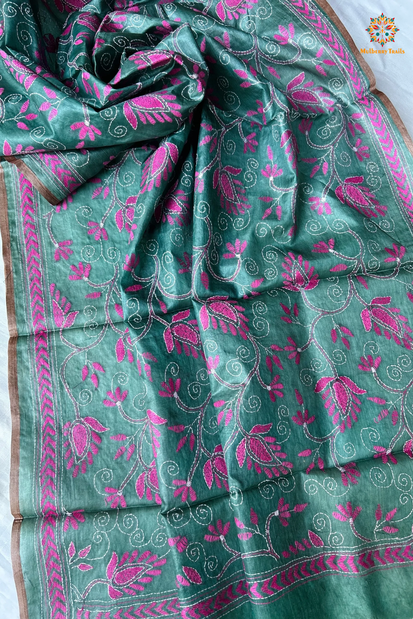 Hand Embroidered Silk Kantha Dupatta - Grey Pink