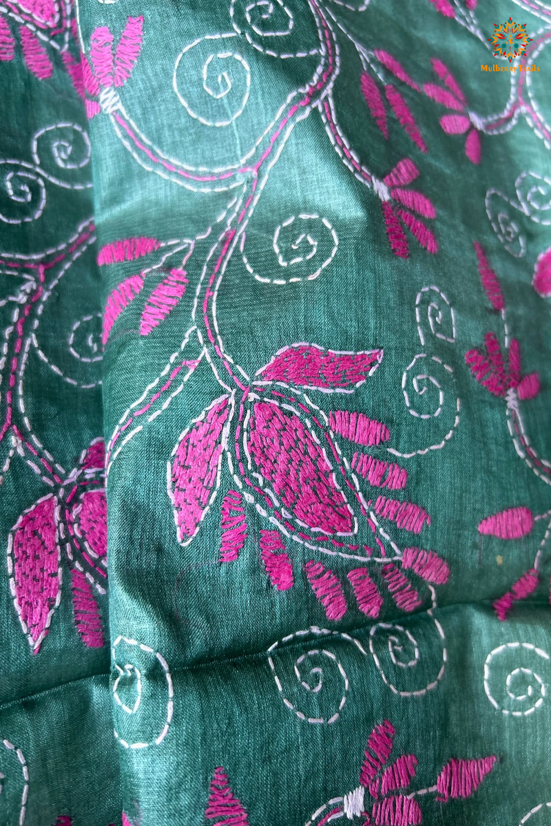 Hand Embroidered Silk Kantha Dupatta - Grey Pink