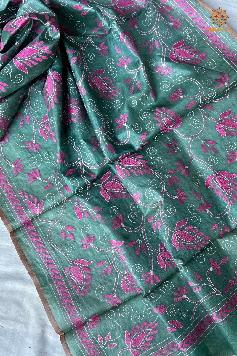 Hand Embroidered Silk Kantha Dupatta - Grey Pink