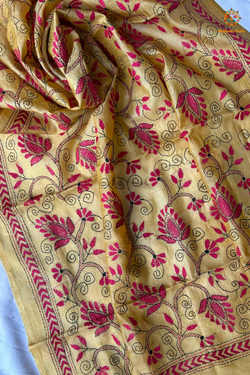 Hand Embroidered Silk Kantha Dupatta - Yellow