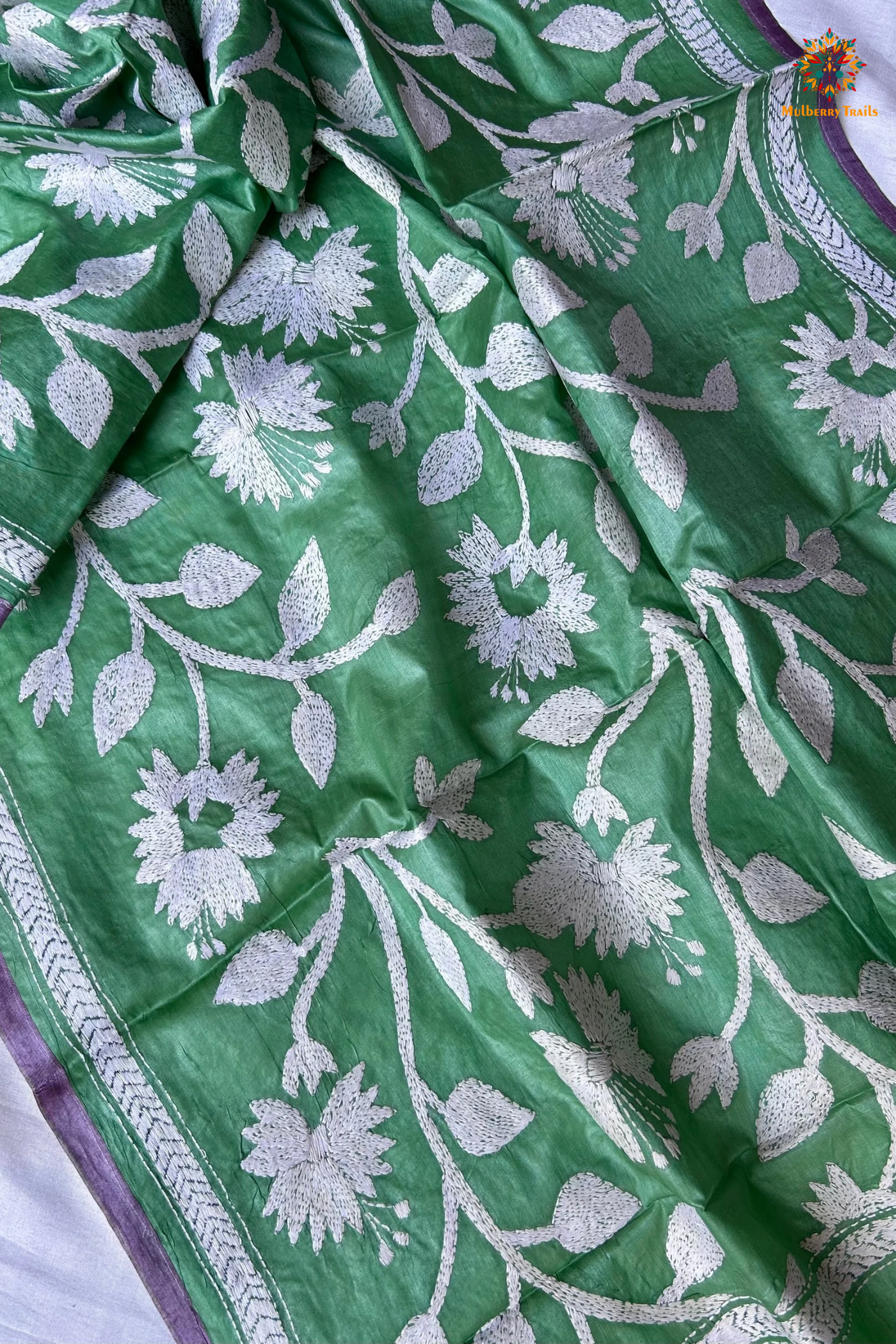 Hand Embroidered Silk Kantha Dupatta - Green