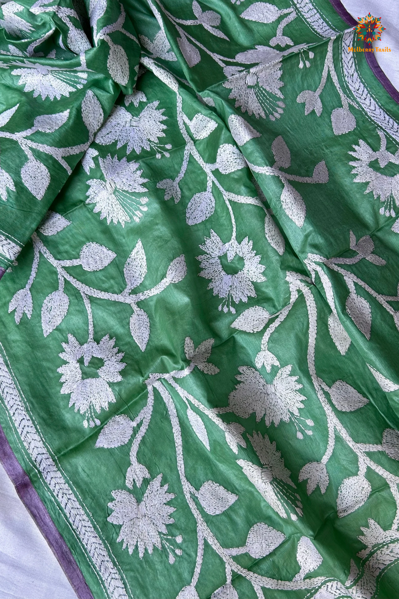 Hand Embroidered Silk Kantha Dupatta - Green