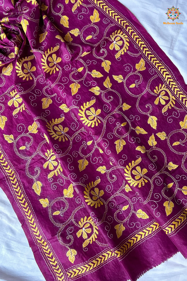 Hand Embroidered Silk Kantha Dupatta - Purple