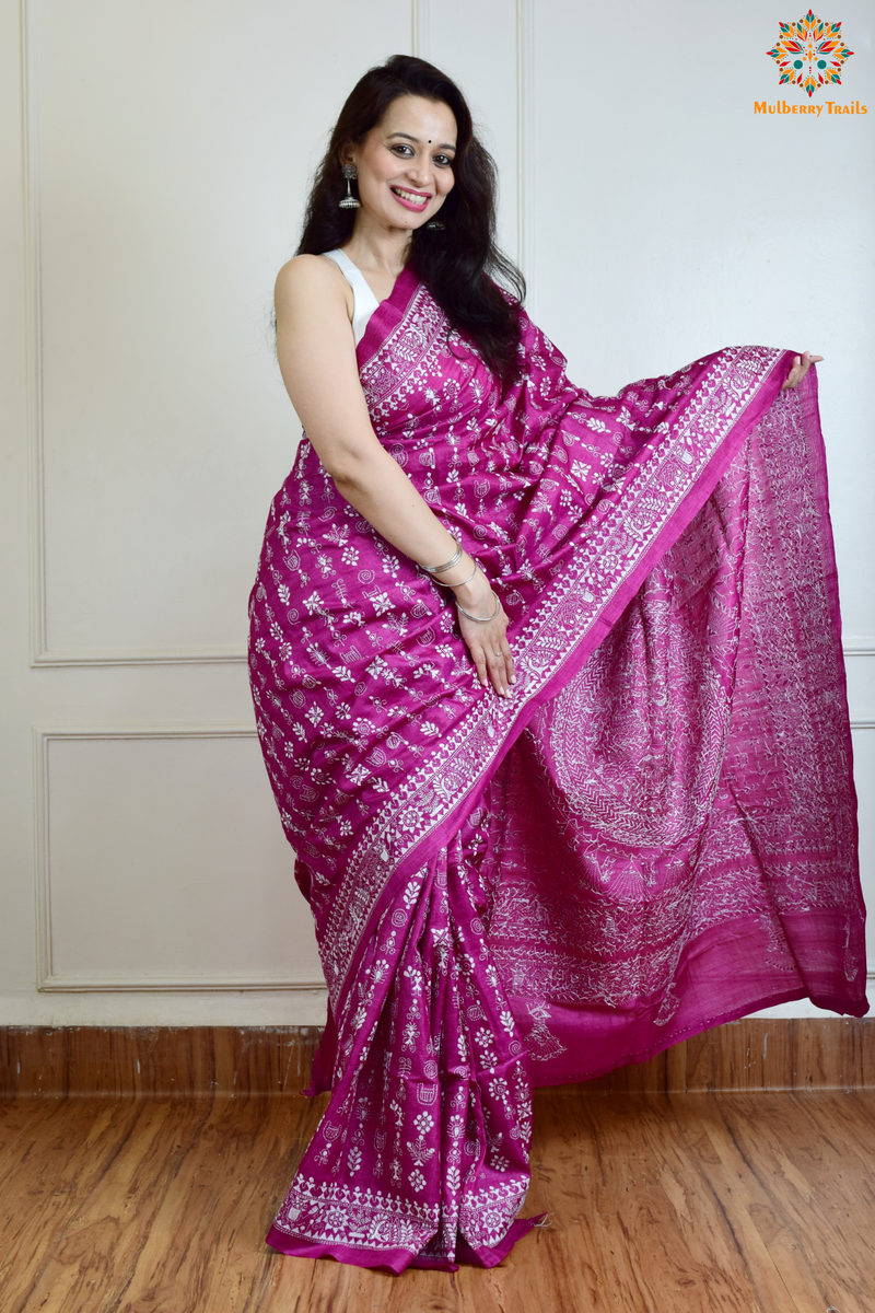 Rima - Pink Tusser Silk Saree with Warli Embroidery Saree