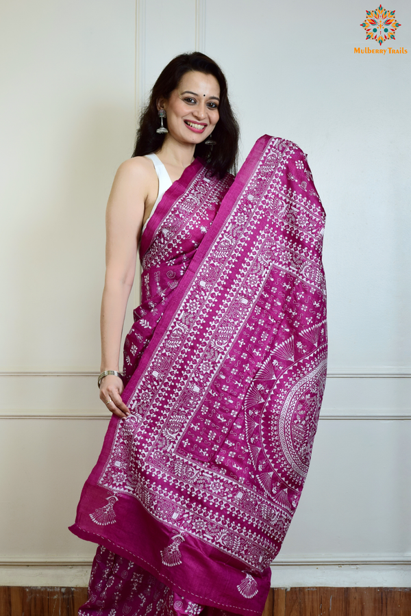 Rima - Pink Tusser Silk Saree with Warli Embroidery Saree