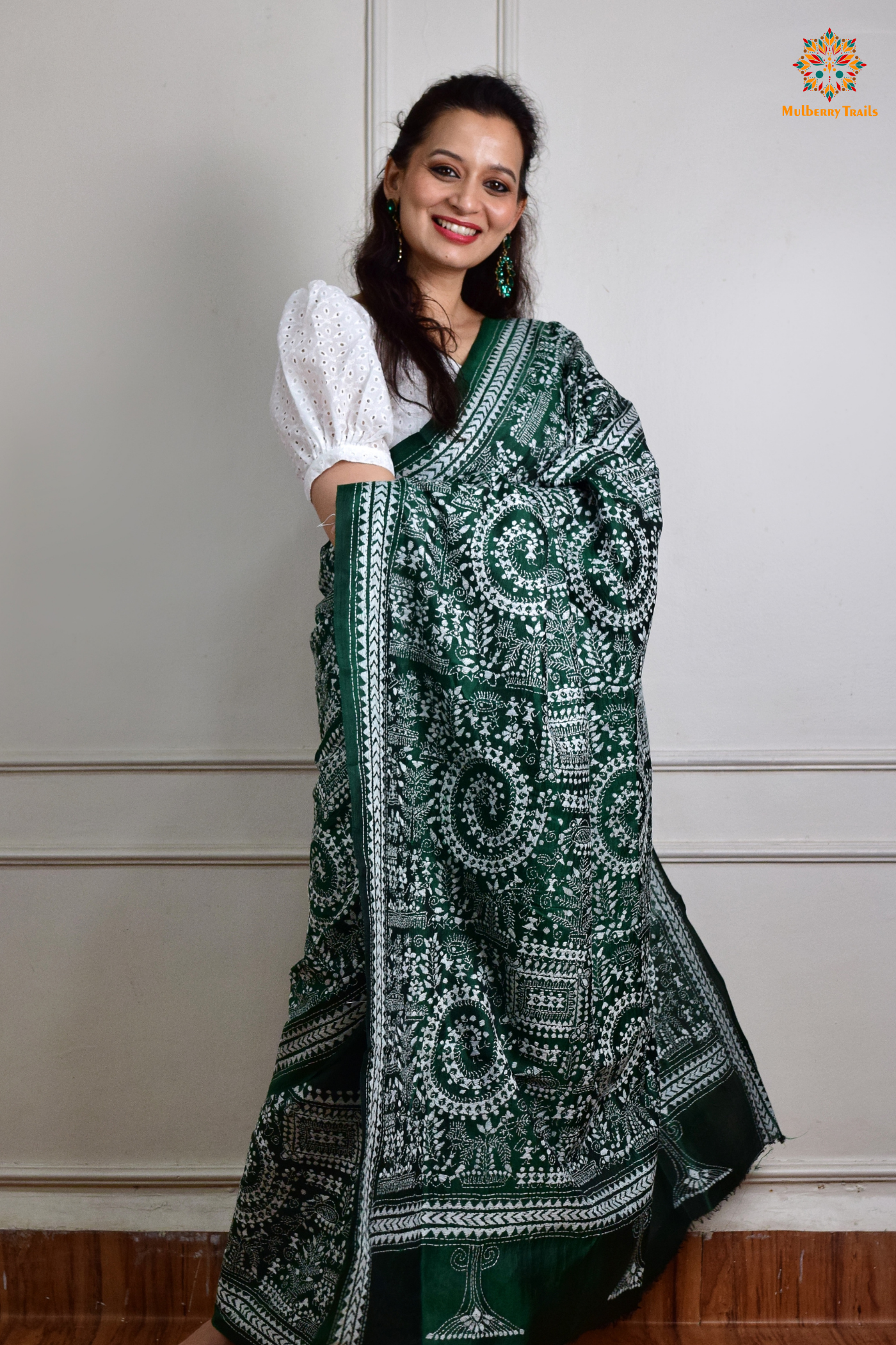 Rima - Green Silk Saree with Kantha Embroidery