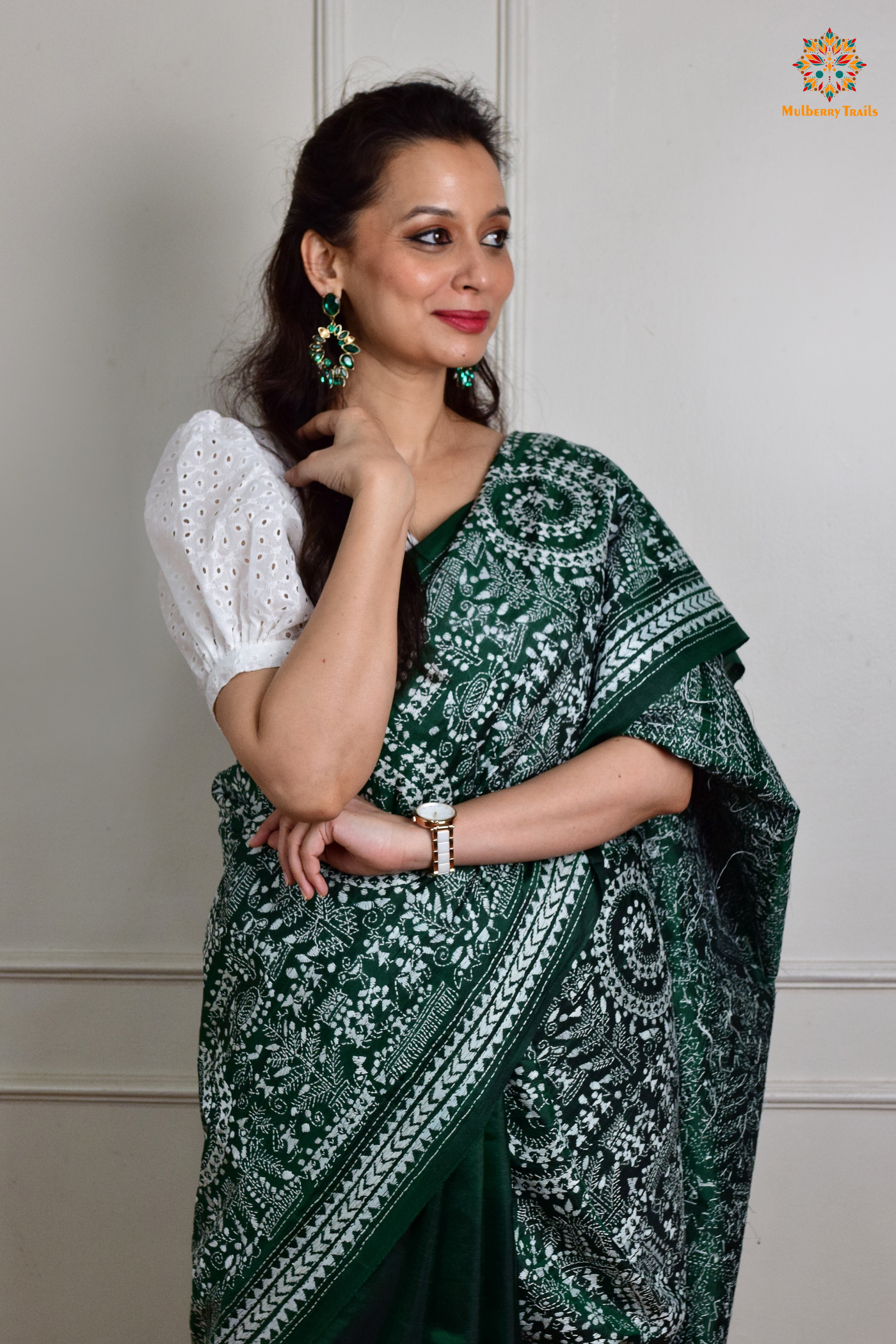 Rima - Green Silk Saree with Kantha Embroidery