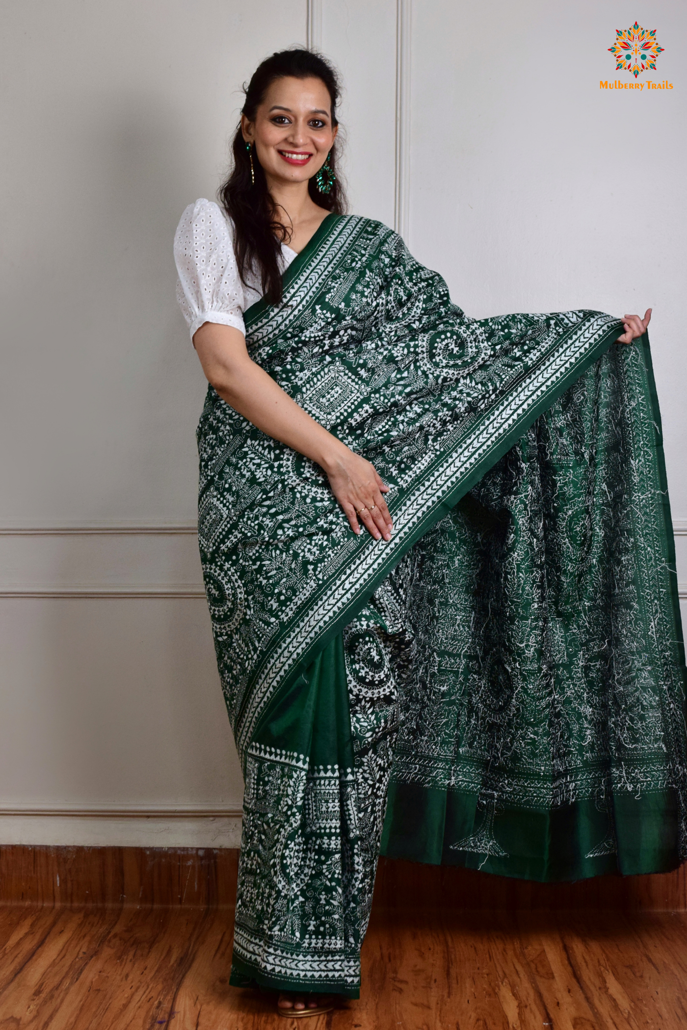 Rima - Green Silk Saree with Kantha Embroidery