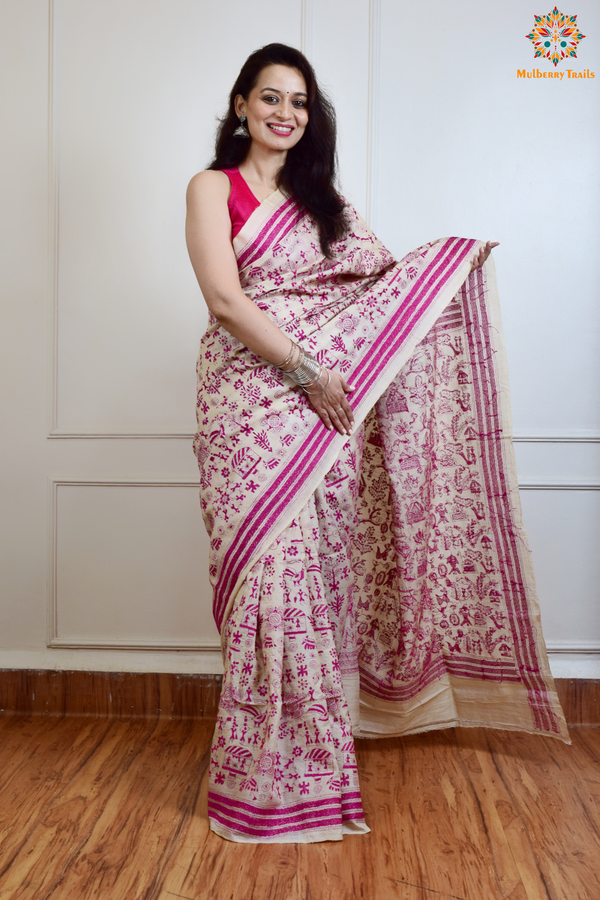 Rima - Tusser Silk Saree with Pink Warli Embroidery Saree