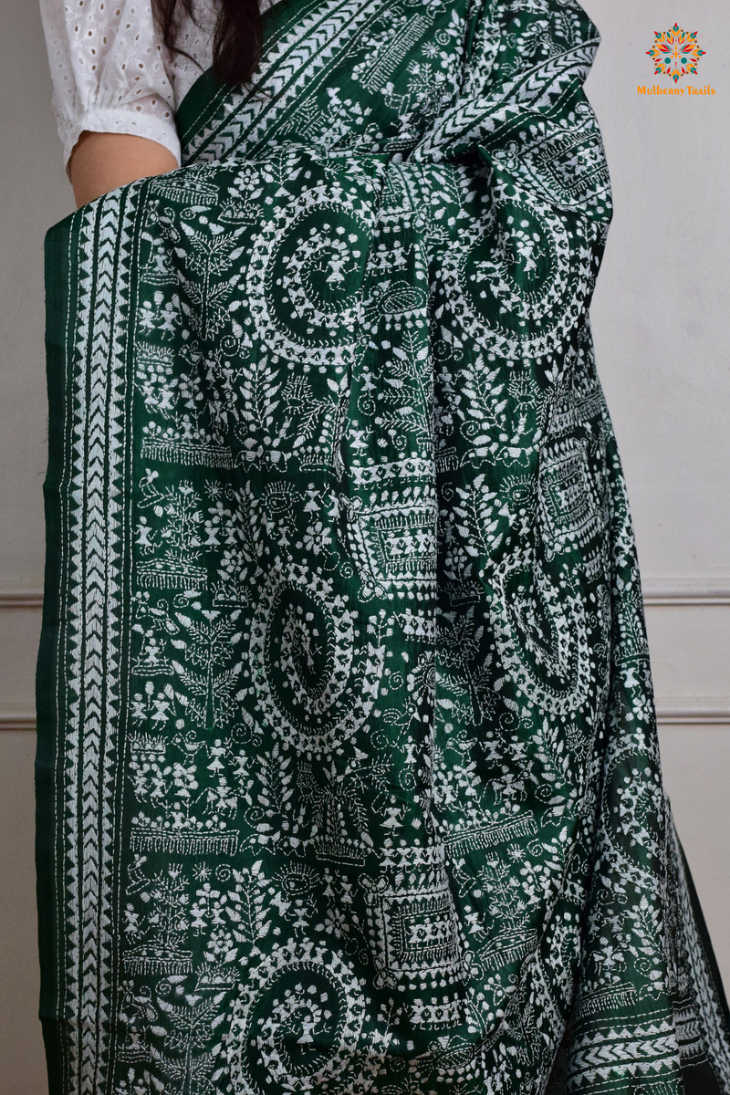 Rima - Green Silk Saree with Kantha Embroidery