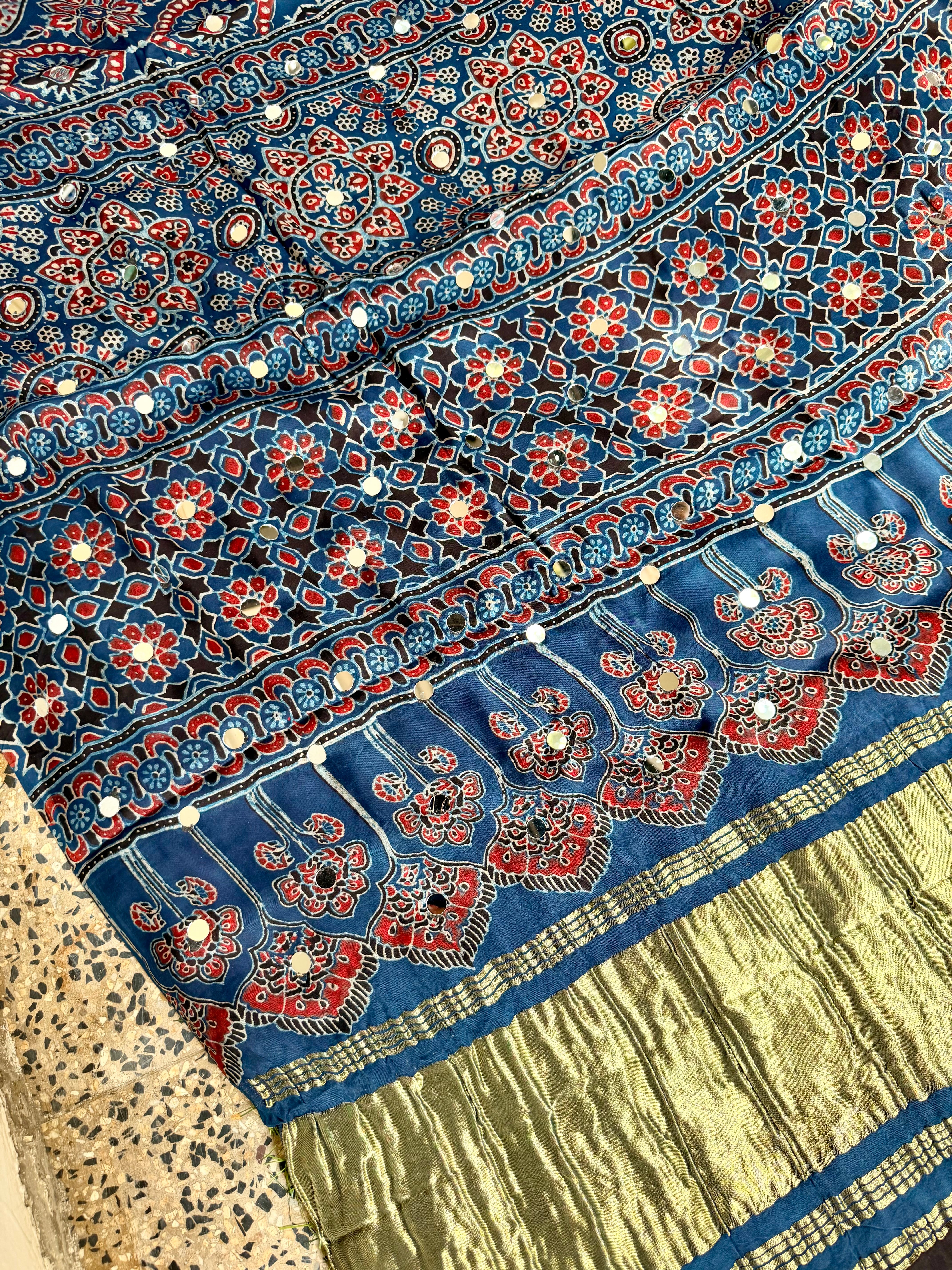 Ajrakh Modal silk sarees with Mirror Work