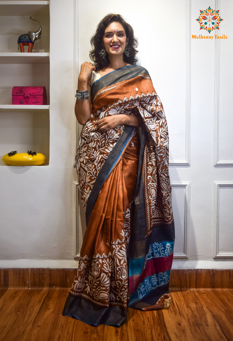 Rima - Brown Zari Border Tusser Silk Kantha Embroidery Saree