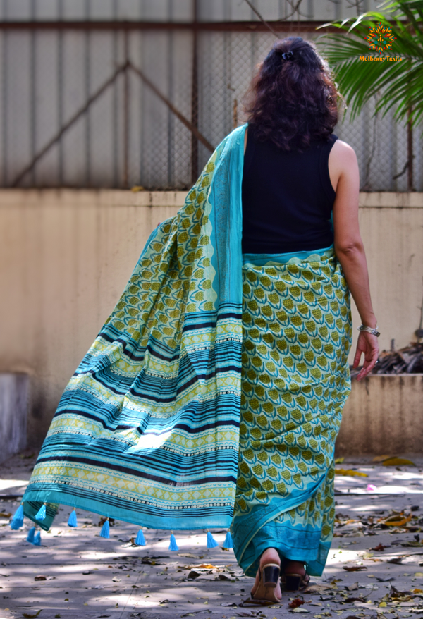 Chitrani: Summer Printed Cotton Sarees Blue Cyan