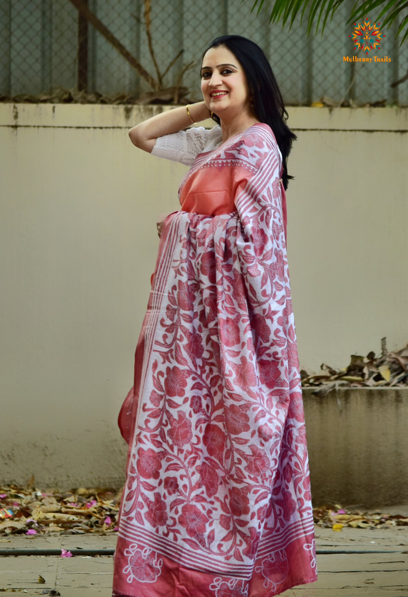 Koyna - Art Silk Kantha Embroidery Saree Pink Two Tone