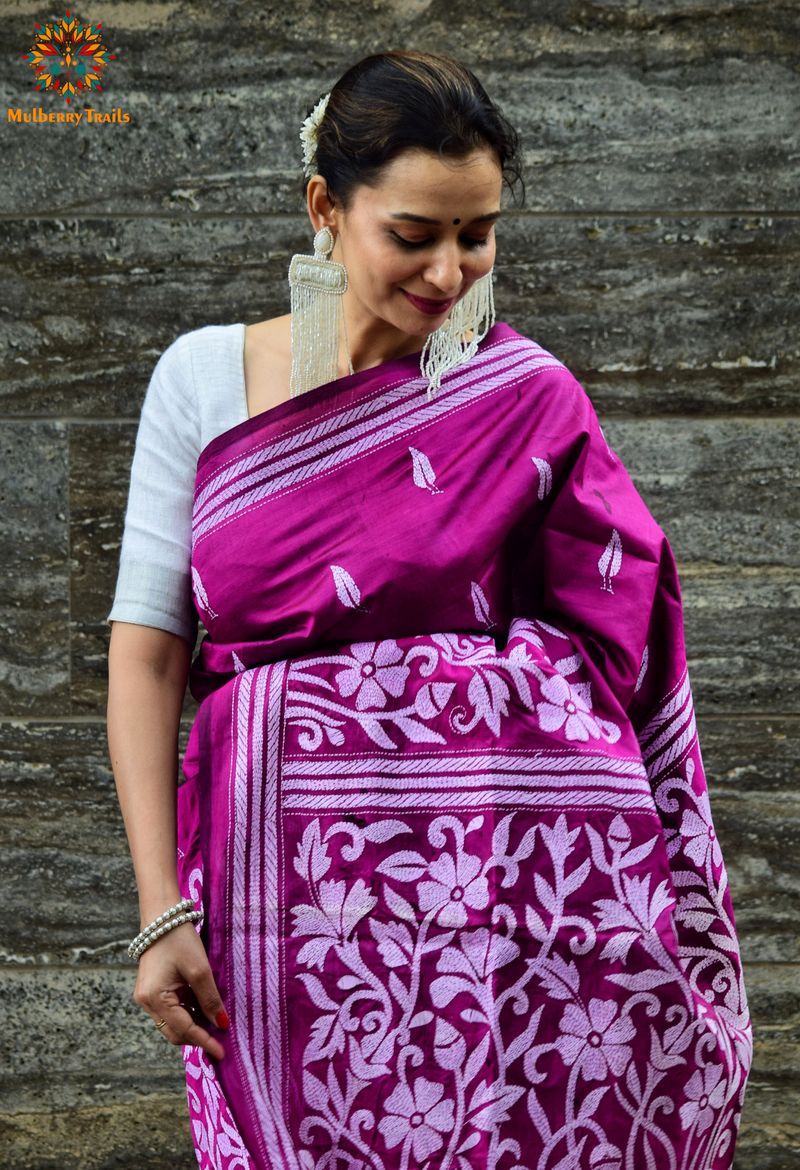 Rima - Wine Coloured Bangalore Silk Embroidery Saree