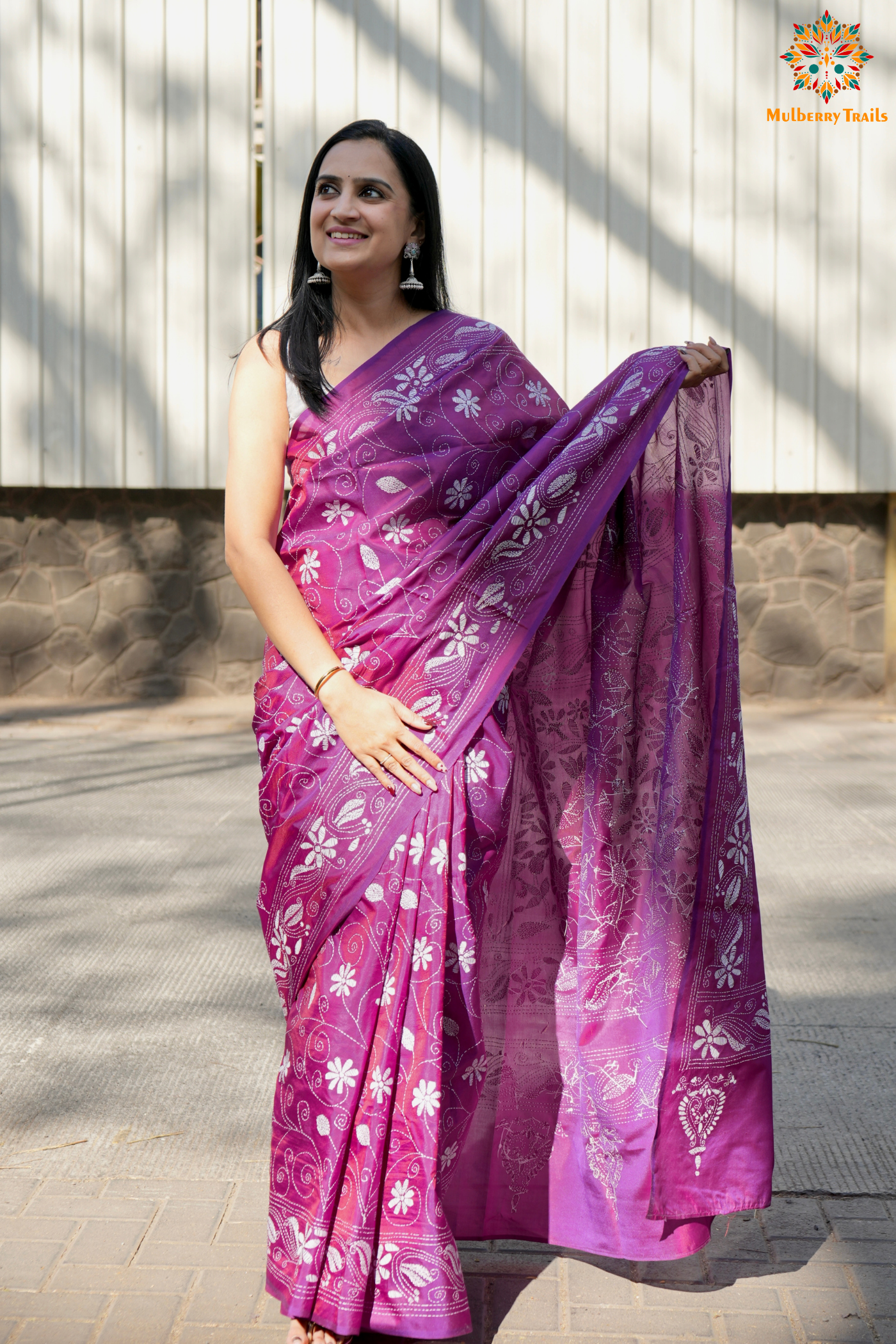 Koyna - Art Silk Kantha Embroidery Saree Purple pink