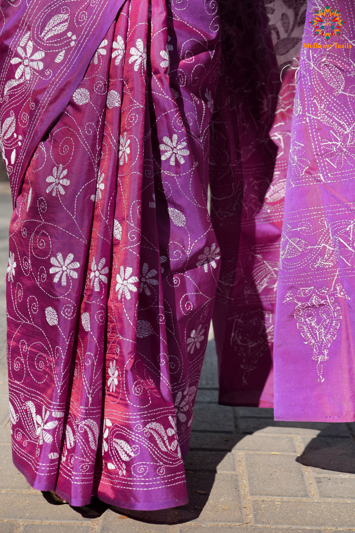 Koyna - Art Silk Kantha Embroidery Saree Purple pink