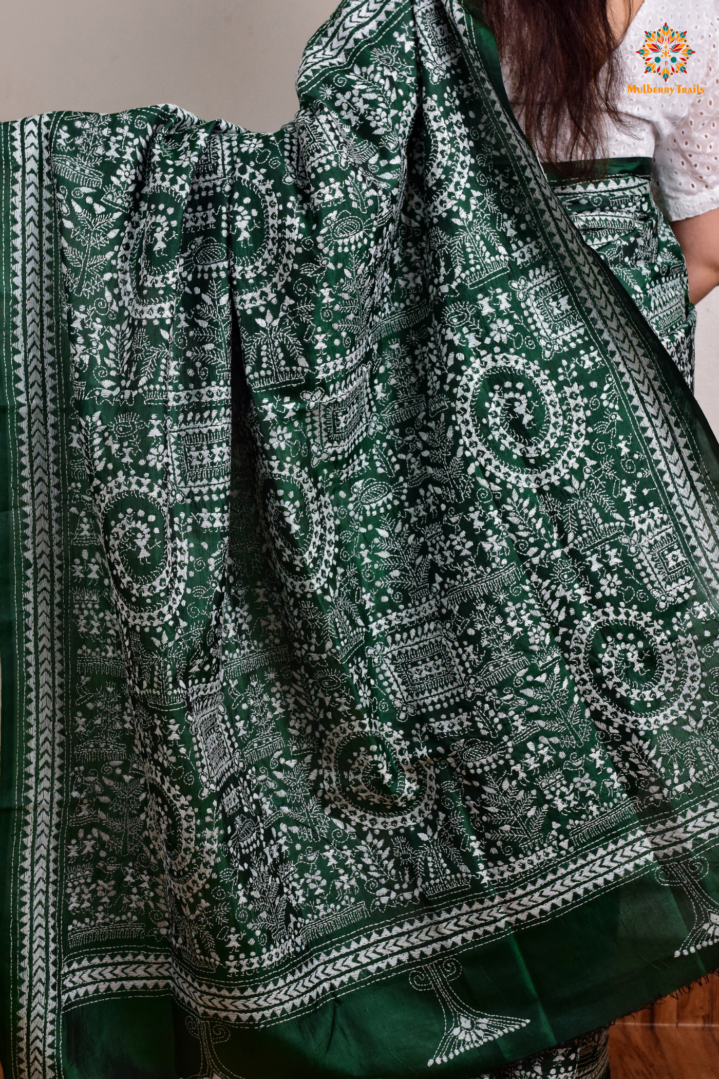 Rima - Green Silk Saree with Kantha Embroidery