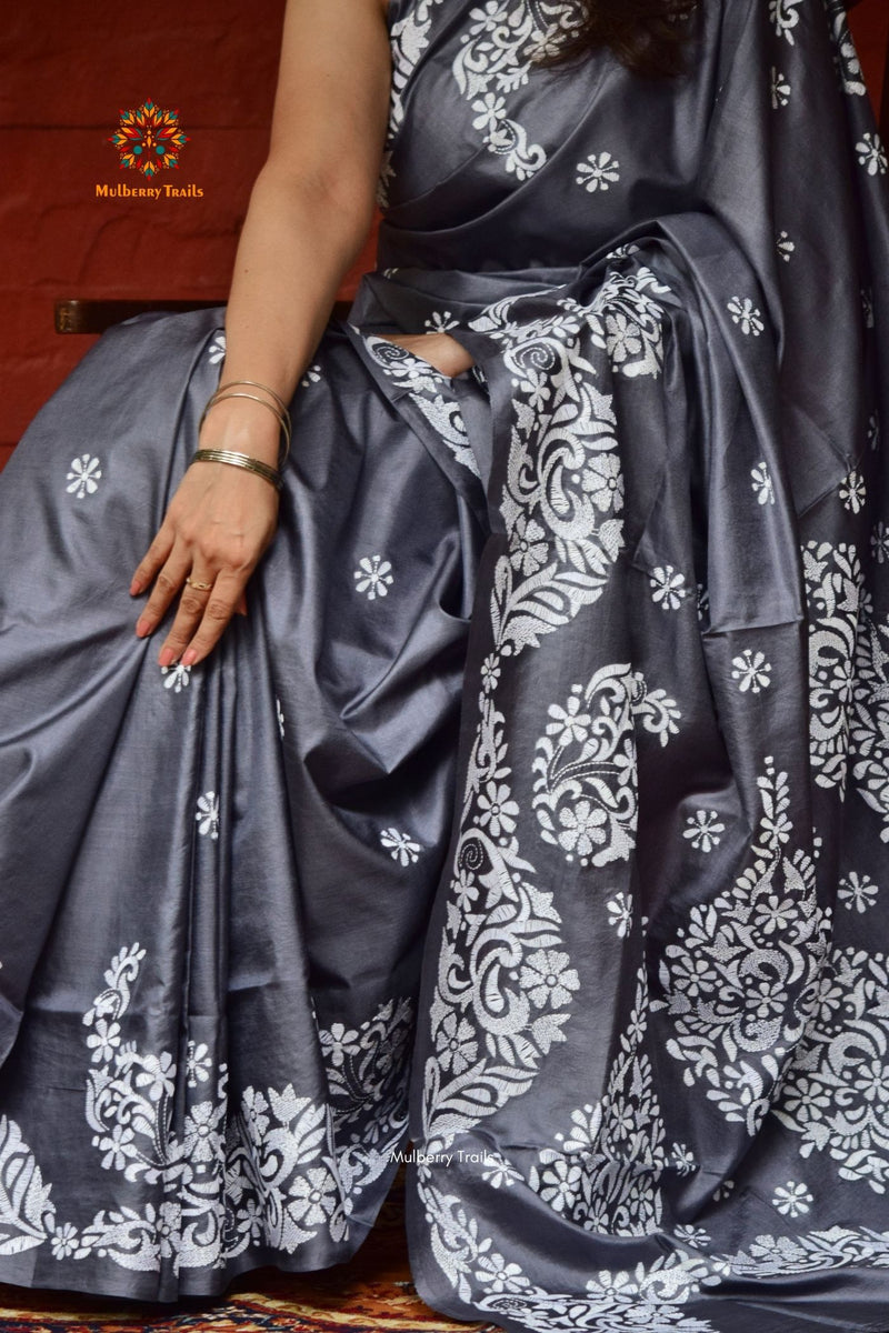 Rima - Bangalore Silk Saree with allover Paisley motif Kantha Embroidery