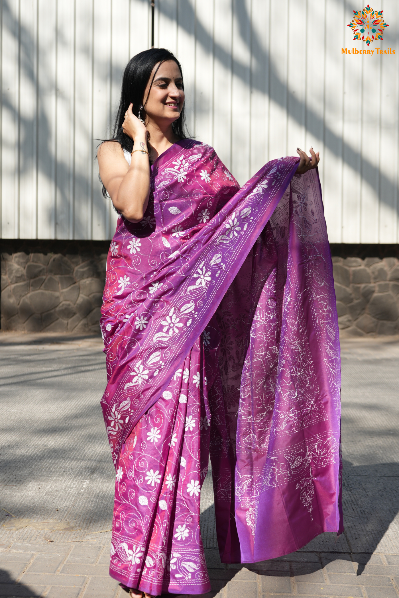 Koyna - Art Silk Kantha Embroidery Saree Purple pink