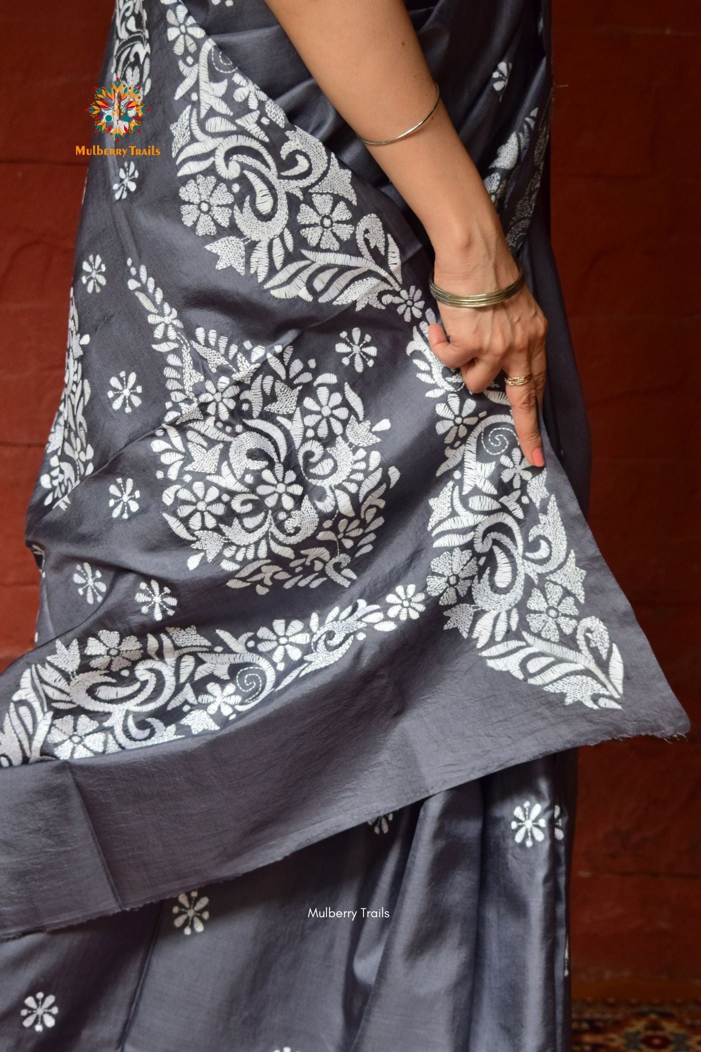 Rima - Bangalore Silk Saree with allover Paisley motif Kantha Embroidery