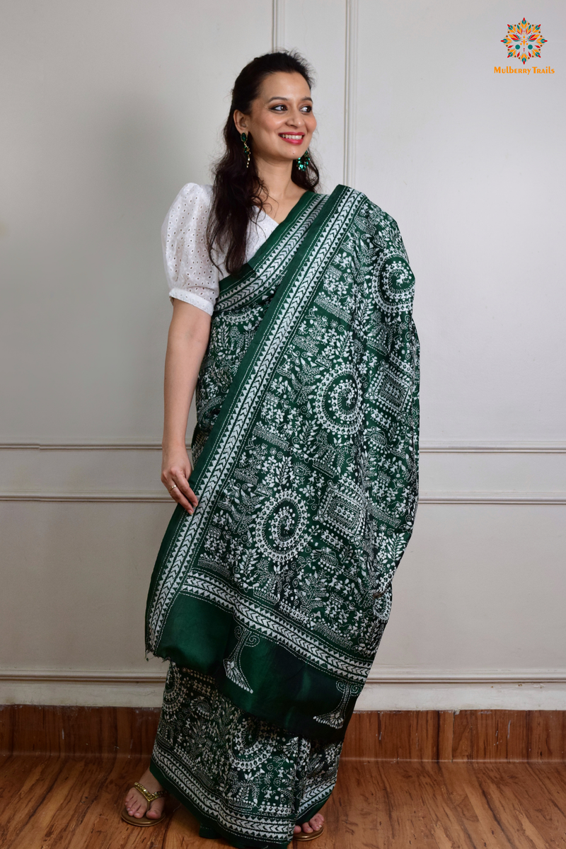 Rima - Green Silk Saree with Kantha Embroidery