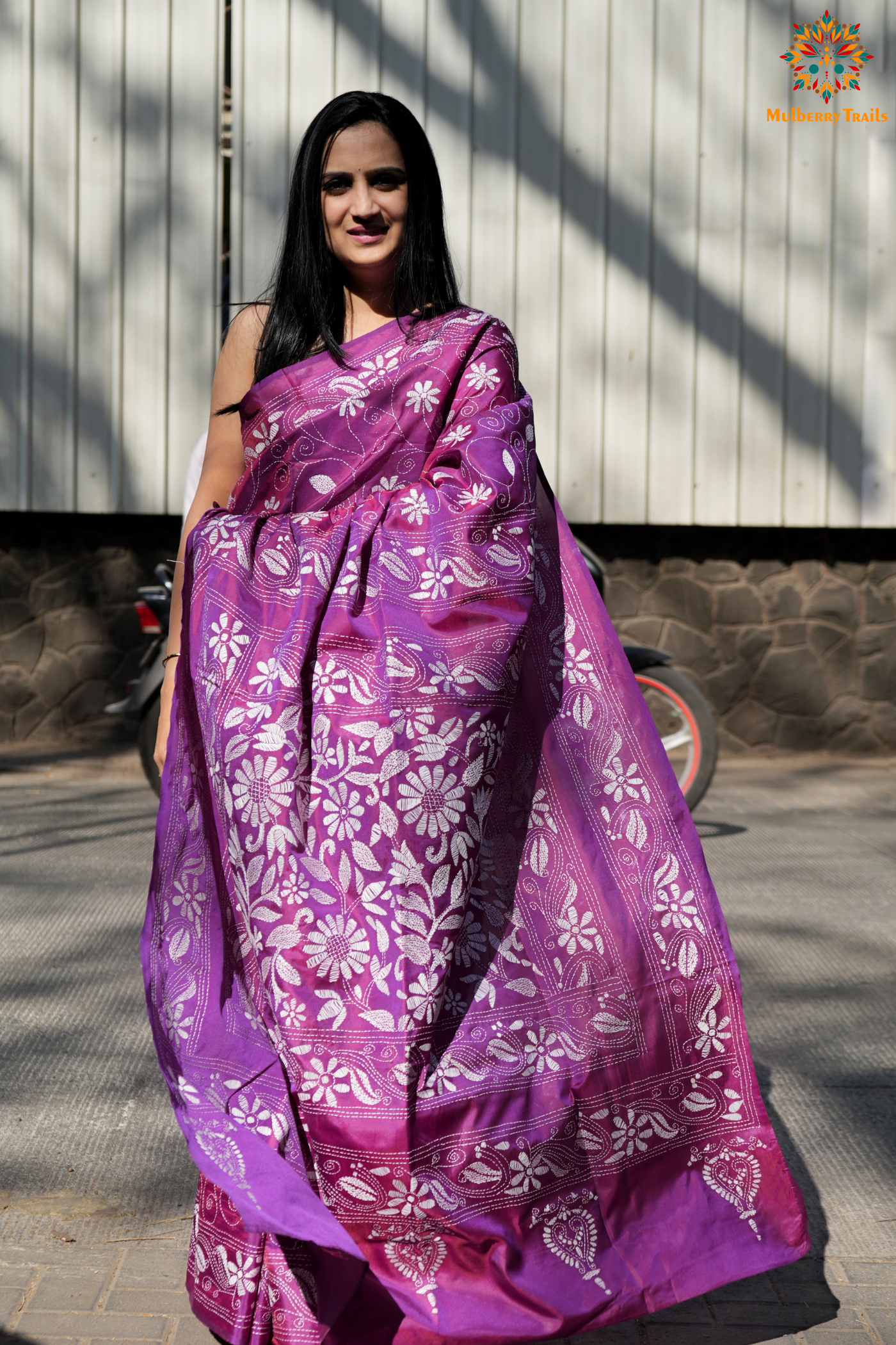 Koyna - Art Silk Kantha Embroidery Saree Purple pink