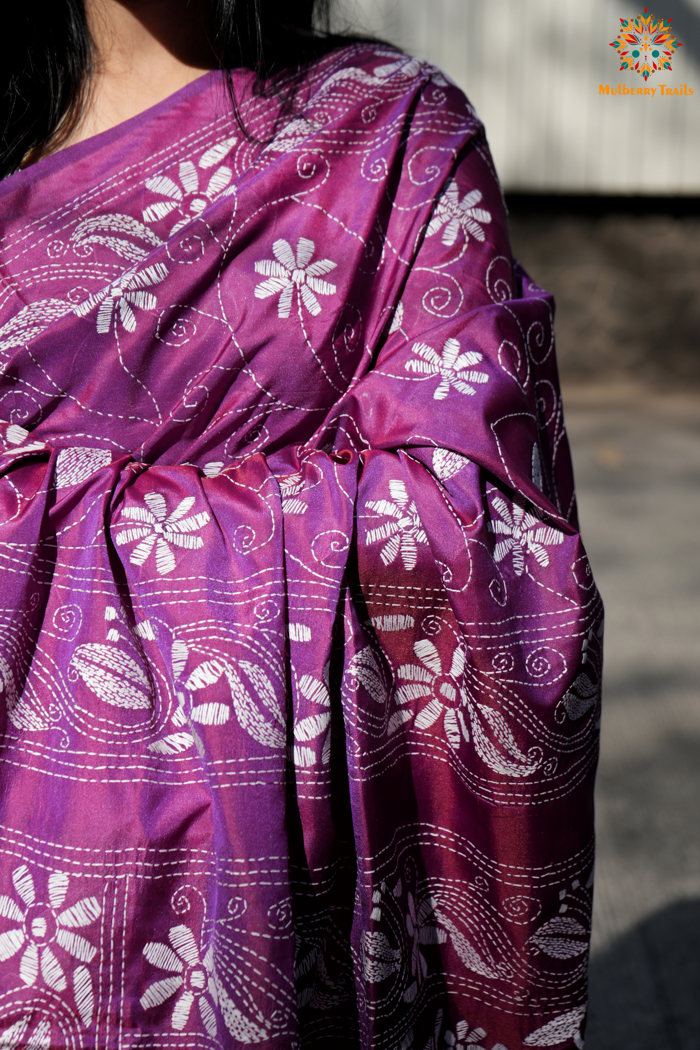 Koyna - Art Silk Kantha Embroidery Saree Purple pink