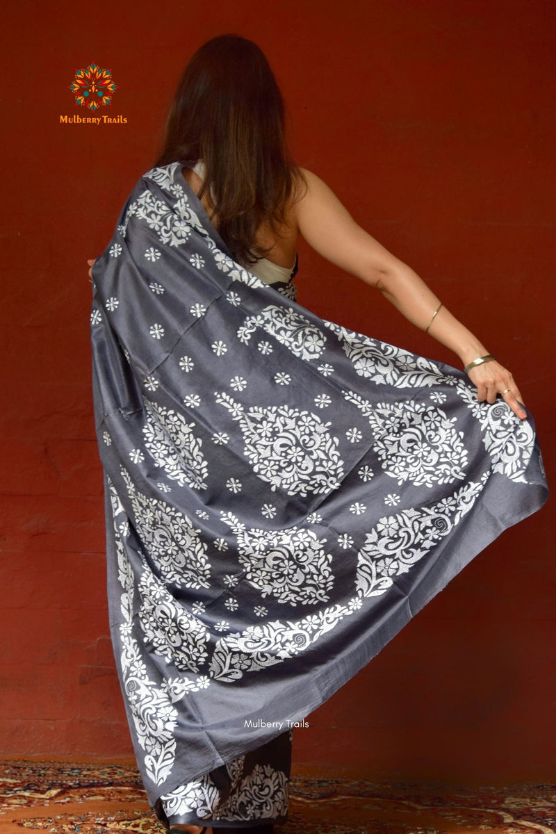 Rima - Bangalore Silk Saree with allover Paisley motif Kantha Embroidery