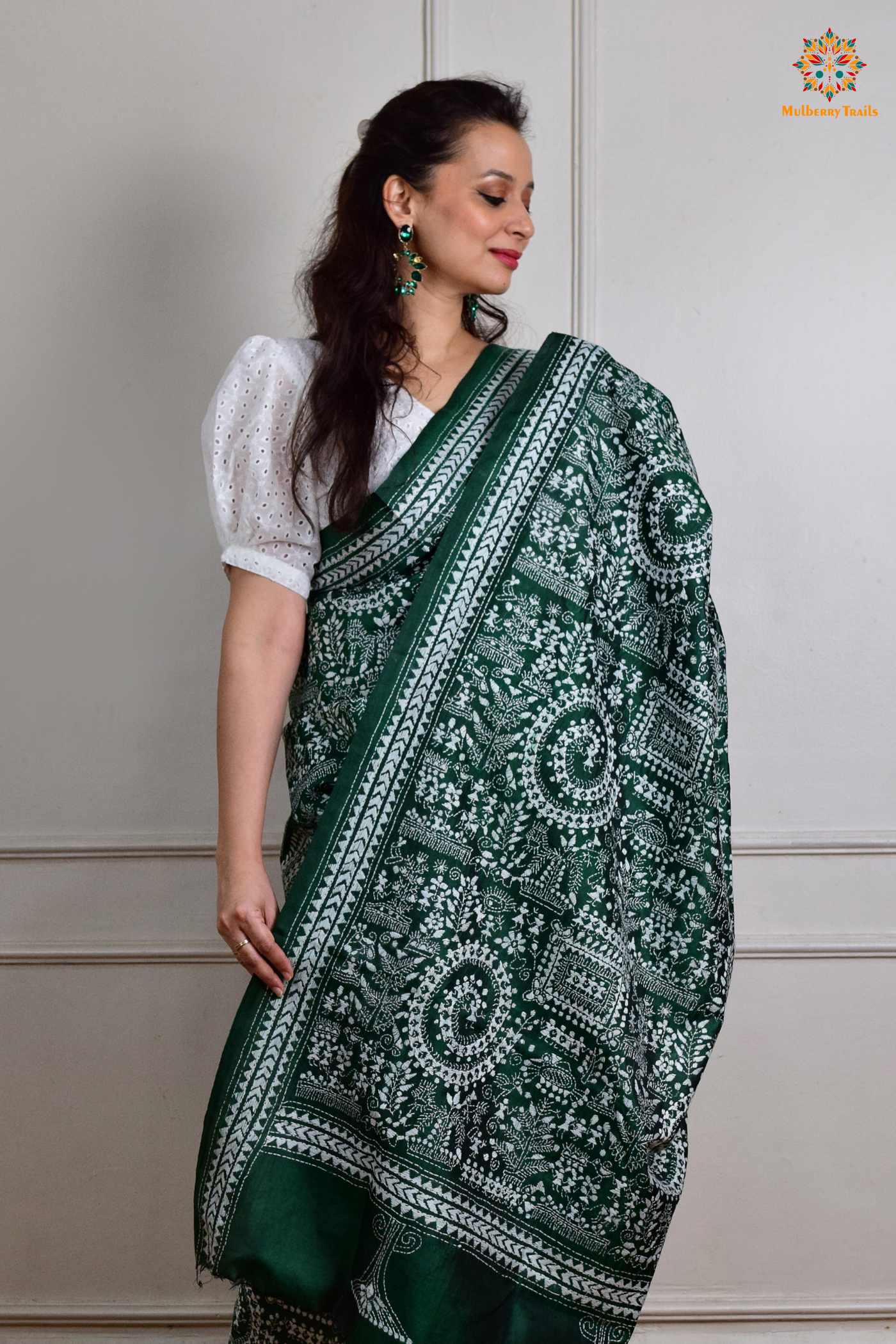 Rima - Green Silk Saree with Kantha Embroidery