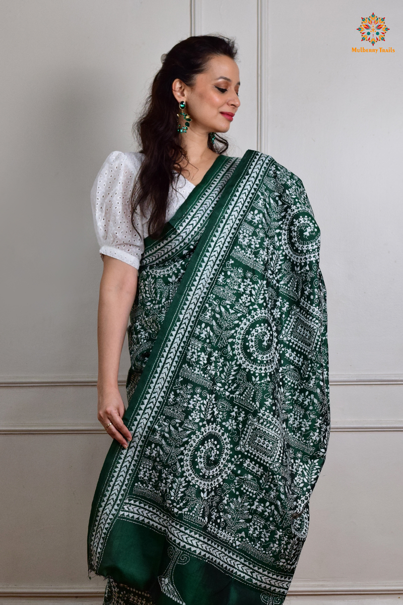 Rima - Green Silk Saree with Kantha Embroidery