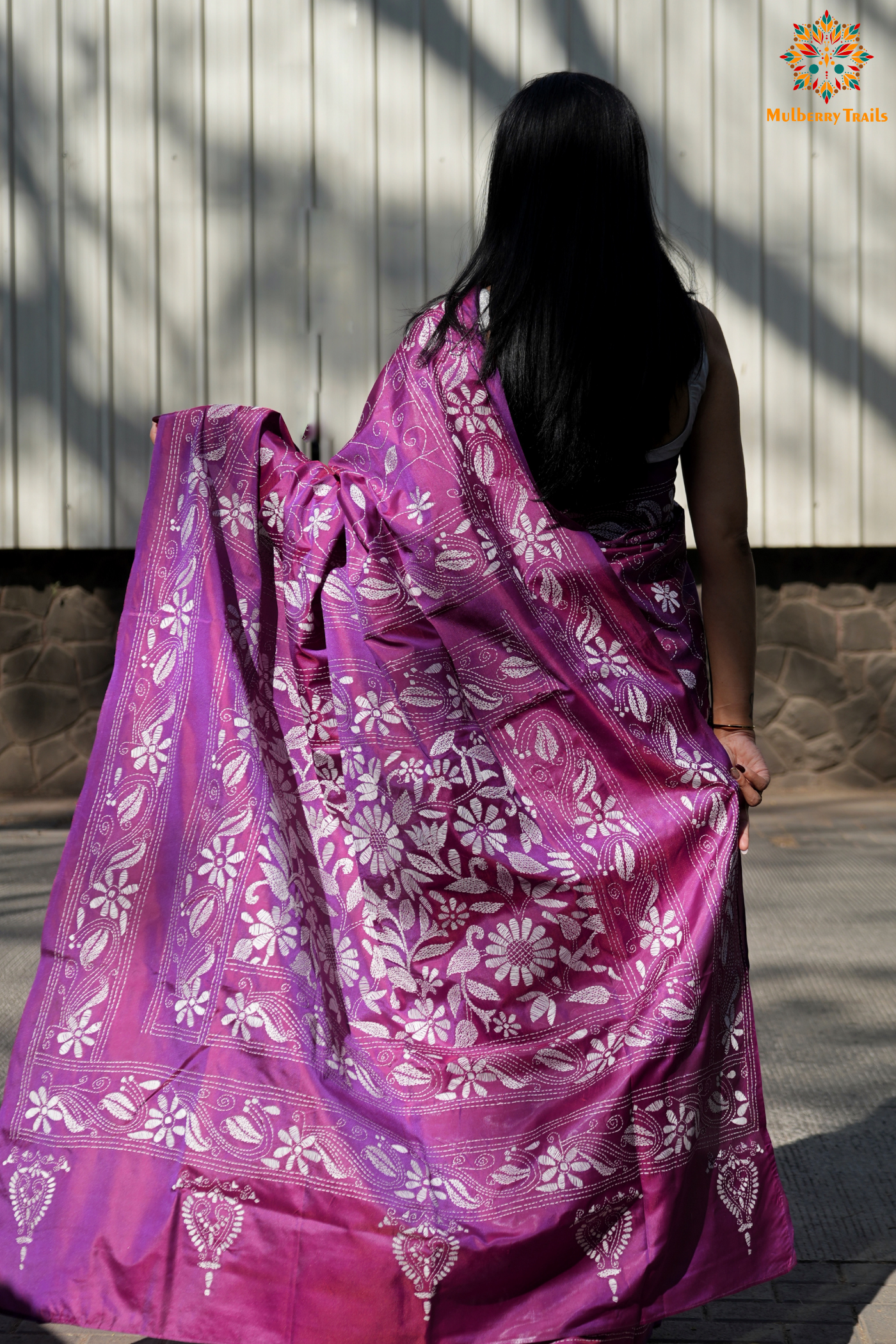 Koyna - Art Silk Kantha Embroidery Saree Purple pink