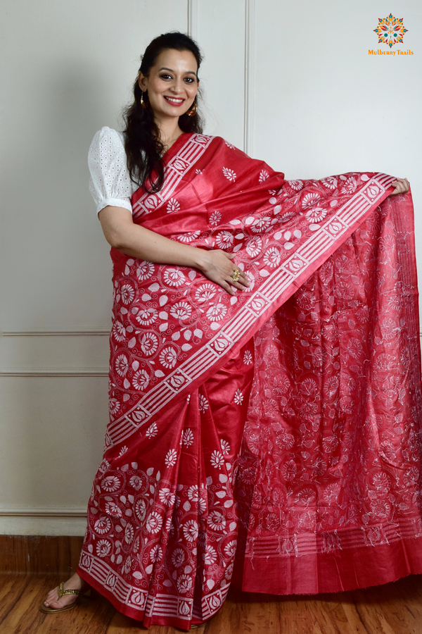 Rima - Red Tusser Silk Saree with Kantha Embroidery