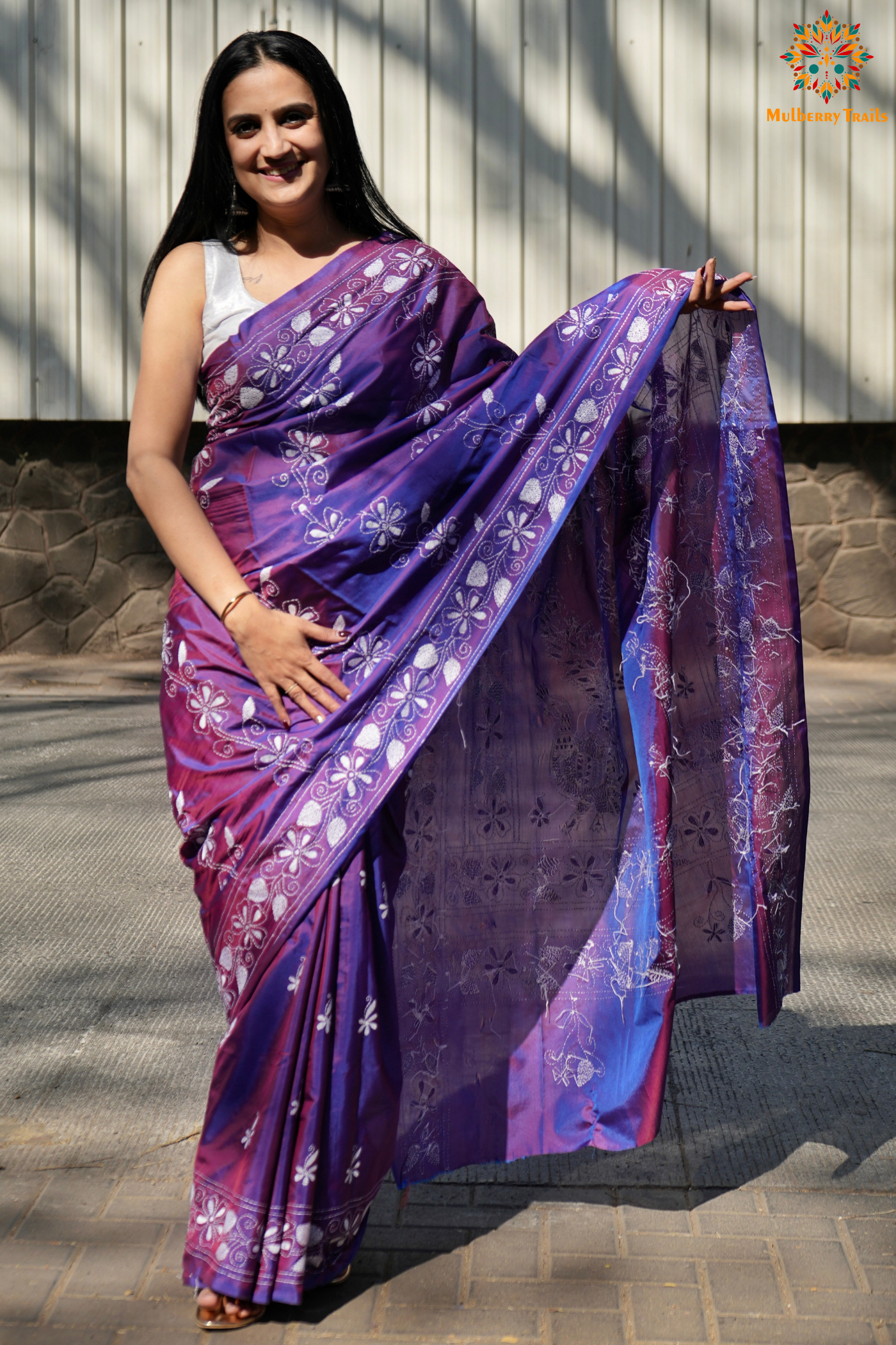 Koyna - Art Silk Kantha Embroidery Saree Purple