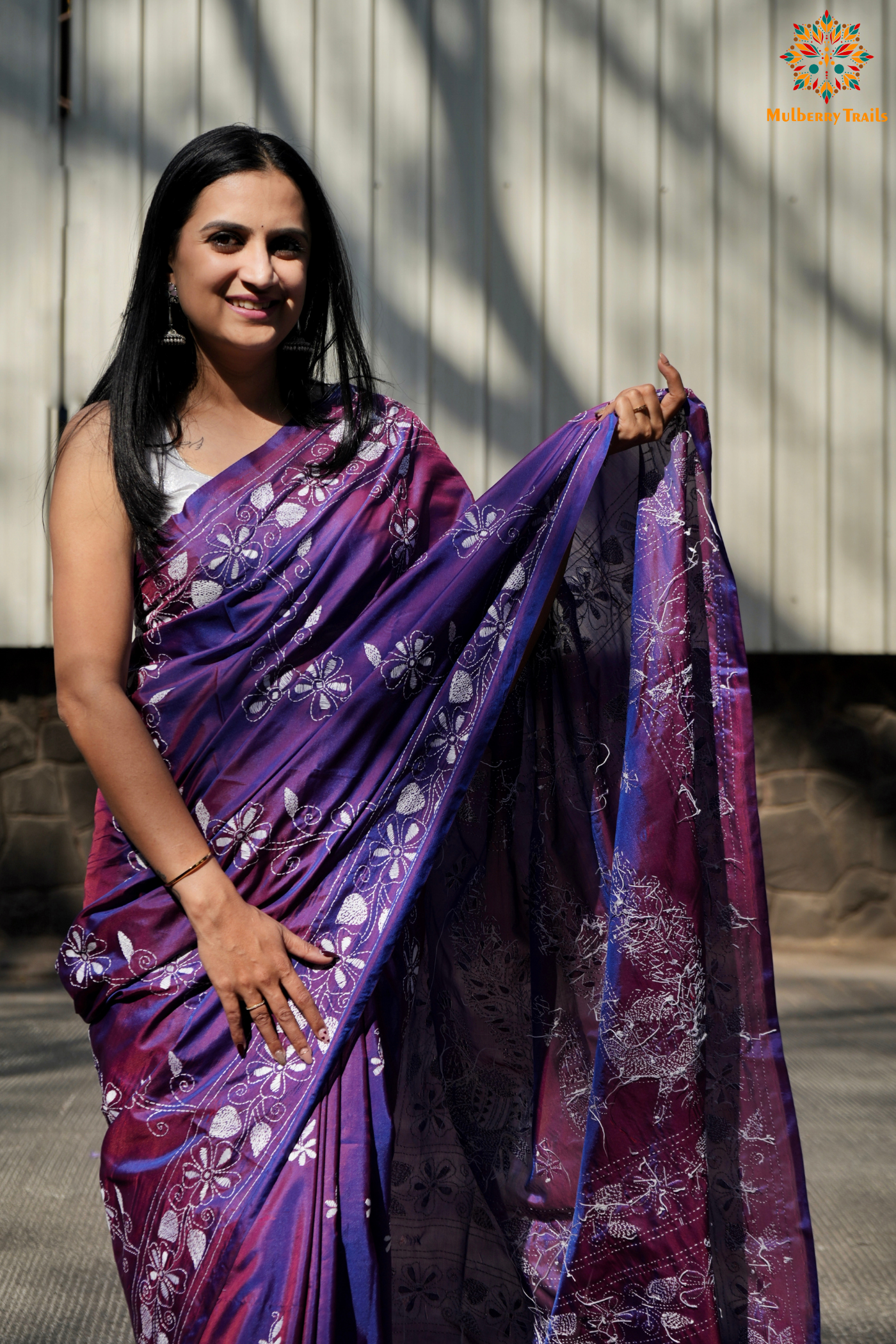 Koyna - Art Silk Kantha Embroidery Saree Purple