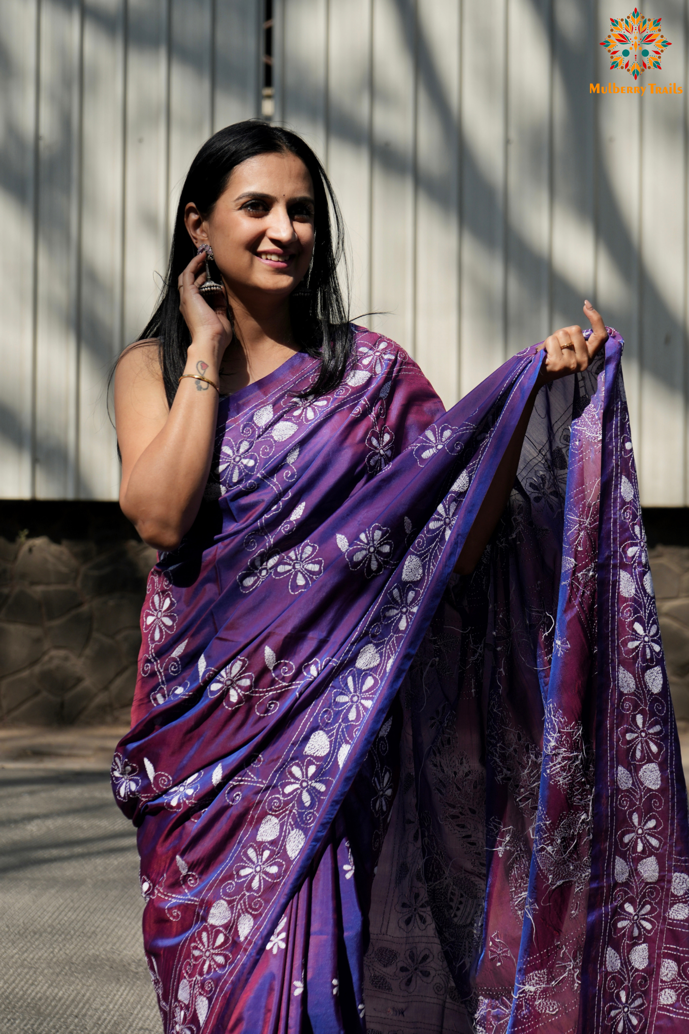 Koyna - Art Silk Kantha Embroidery Saree Purple