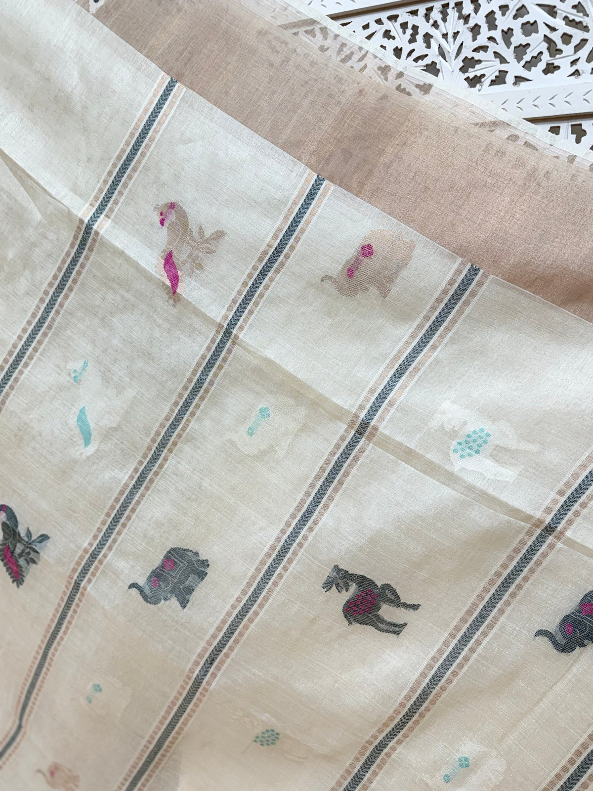 Meghana: Premiun Tusser silk Saree_Motiya peacock deer motif
