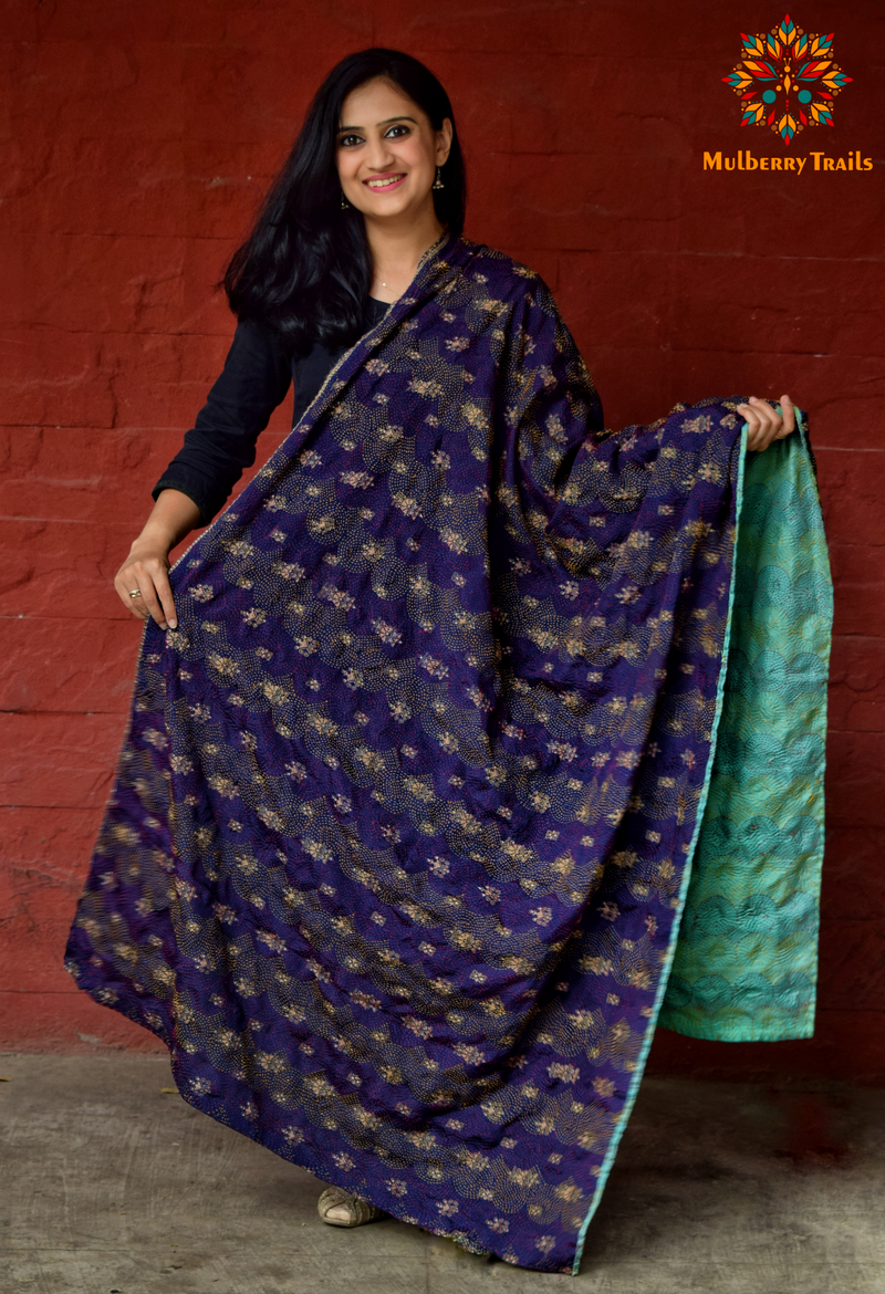 Hand Embroidered Kantha Dupatta - Navy Cyan
