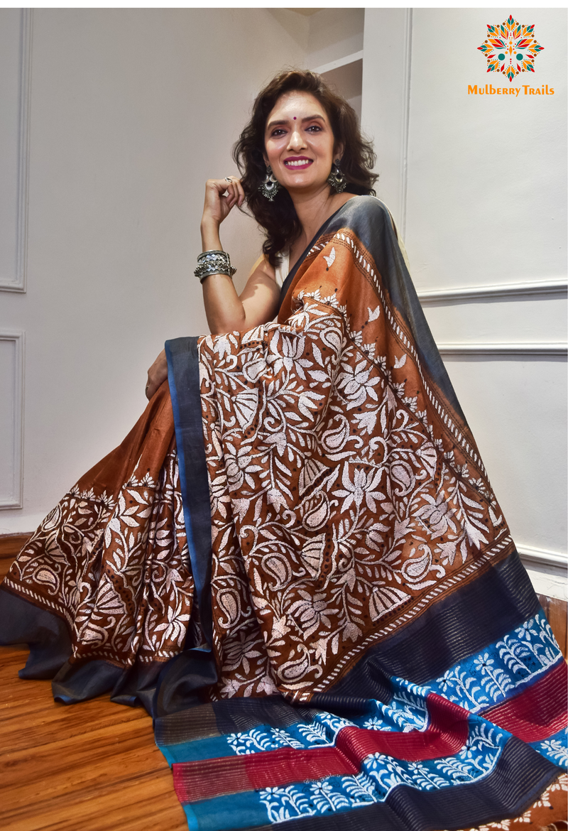 Rima - Brown Zari Border Tusser Silk Kantha Embroidery Saree