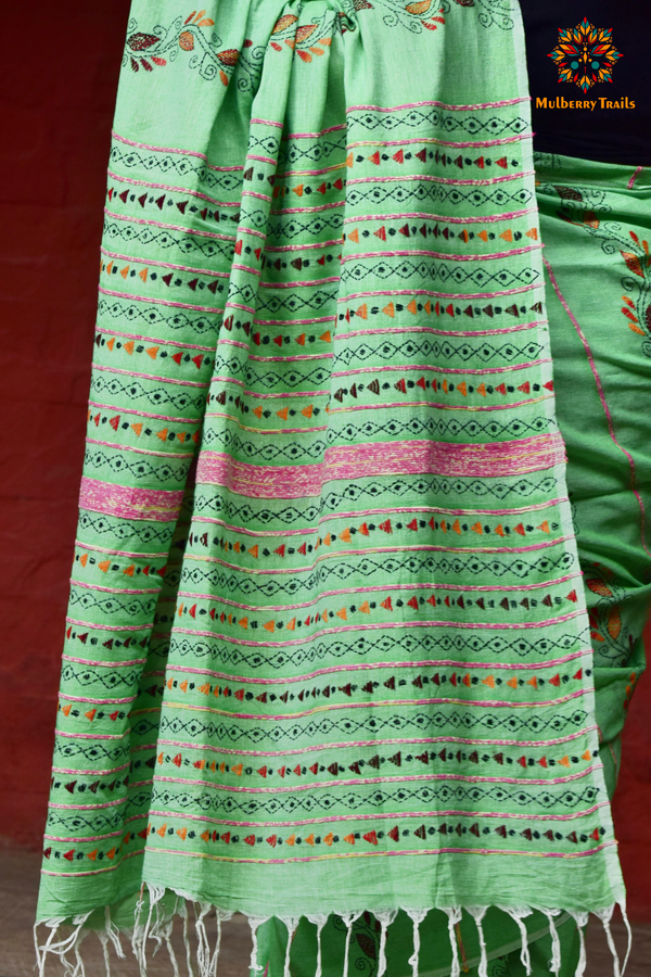 Vipas: Cotton Handloom Saree with Kantha Embroidery