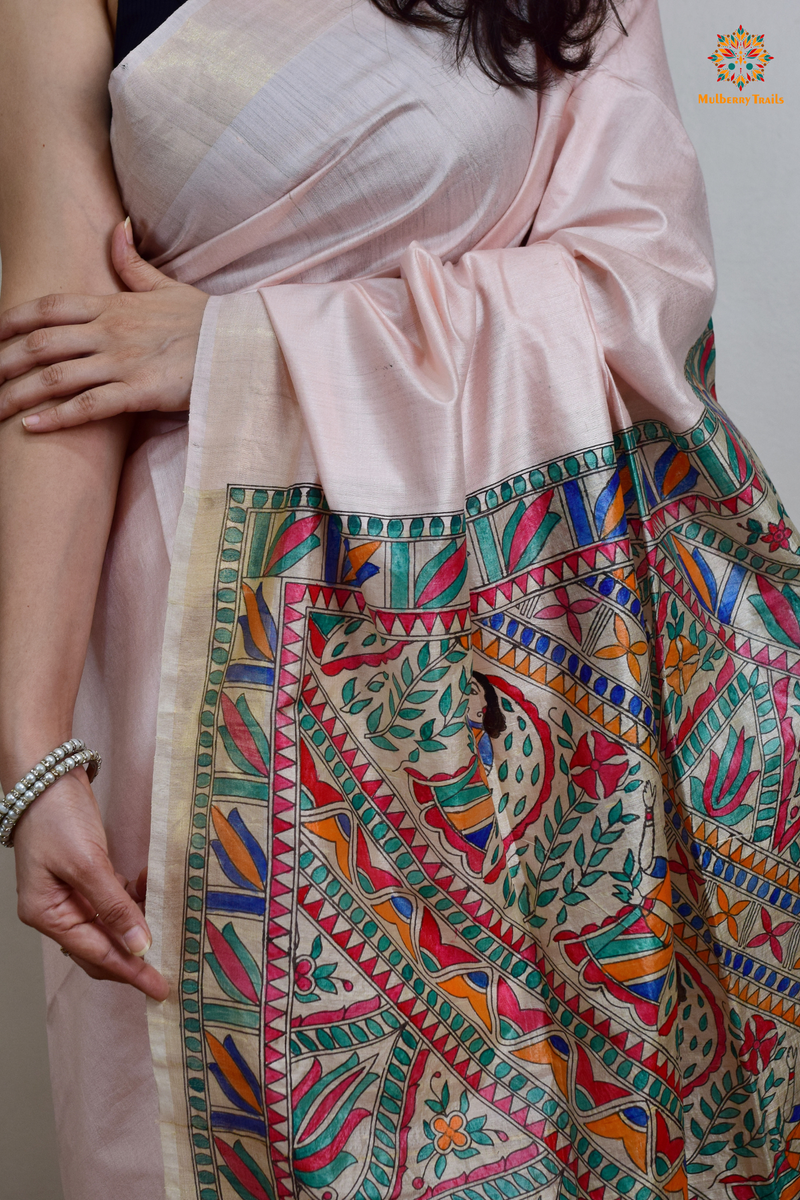 Pavani - Staple Tusser Handpainted Madhubani Saree- Soft white - pink