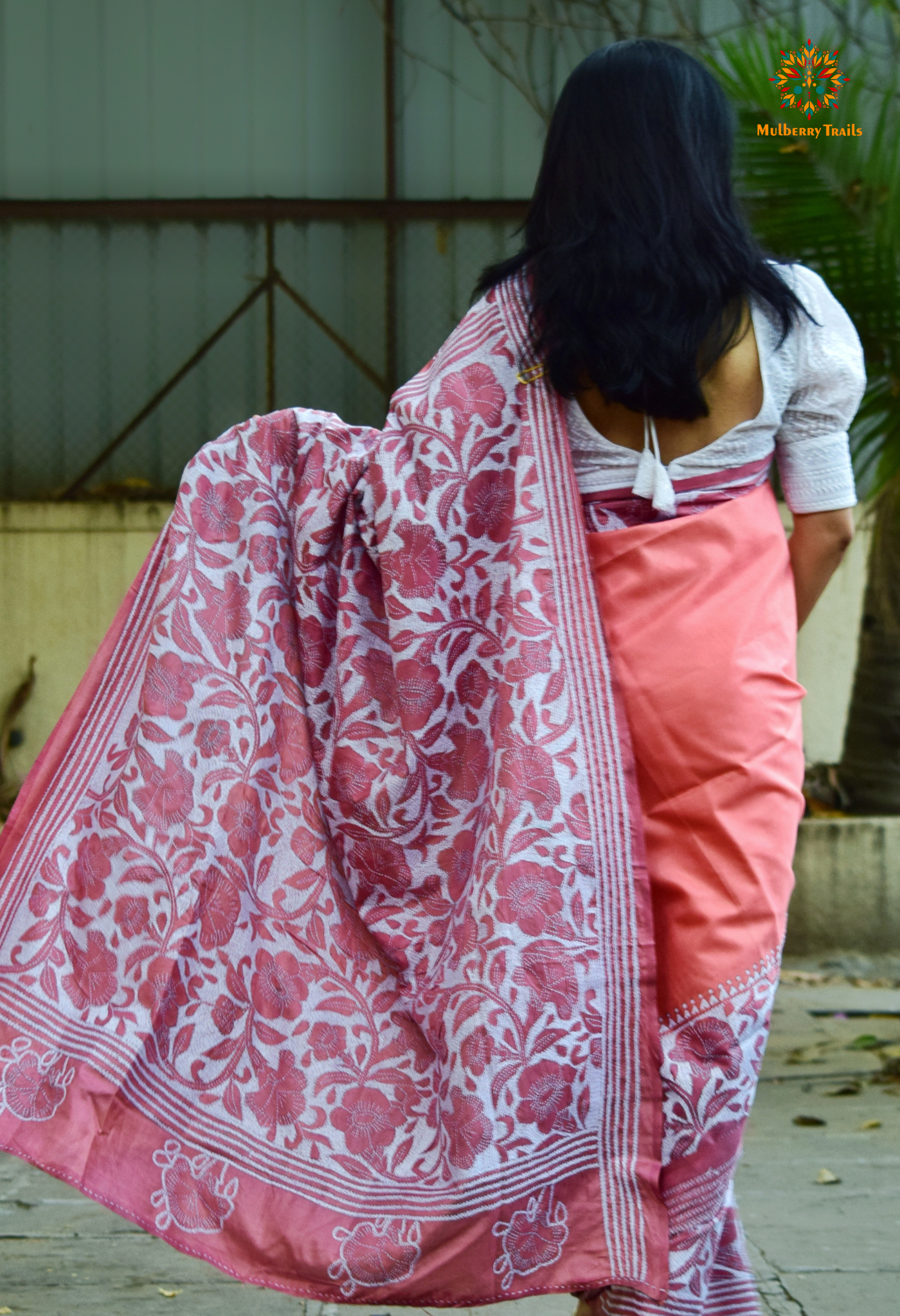 Koyna - Art Silk Kantha Embroidery Saree Pink Two Tone