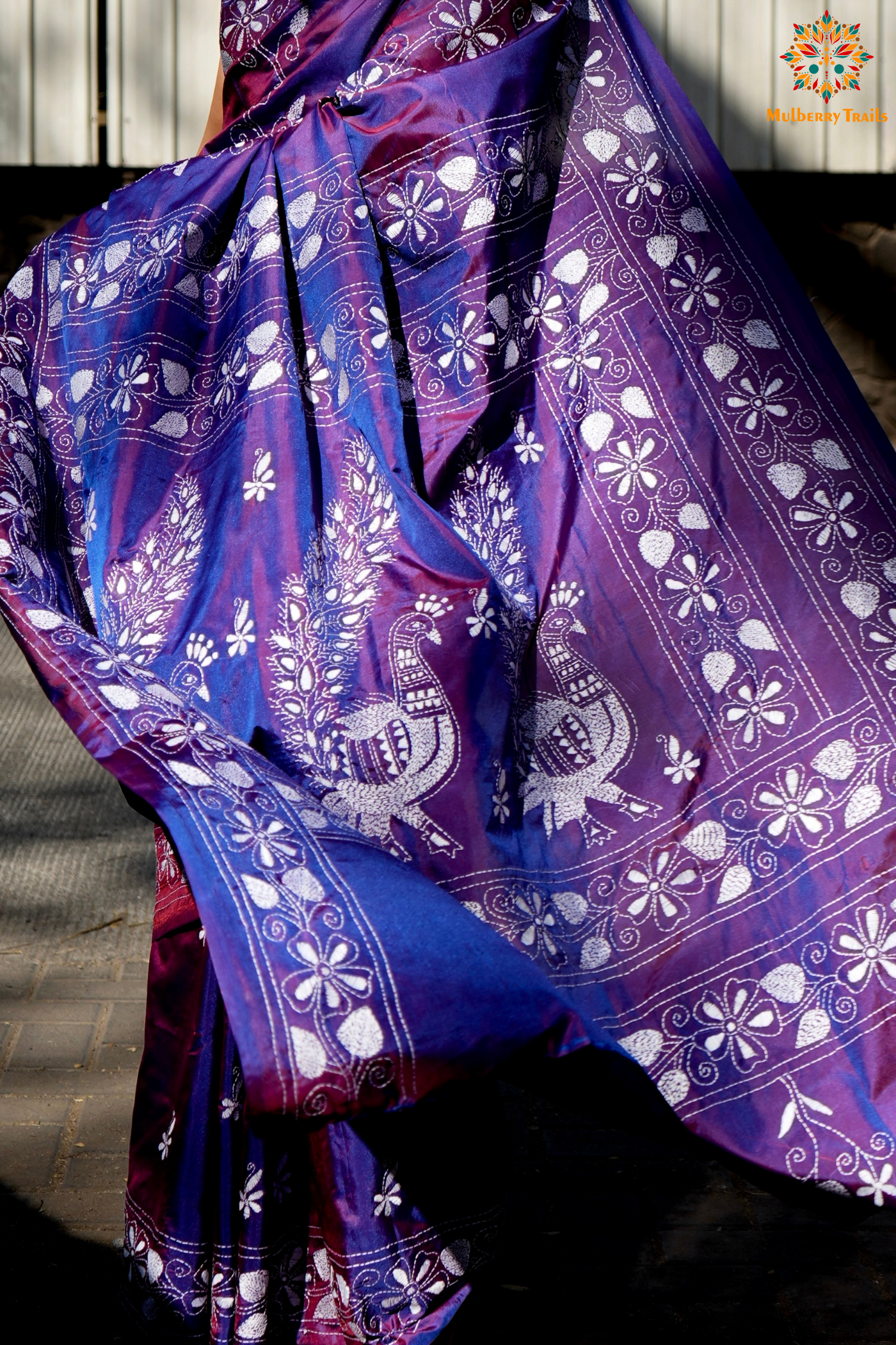 Koyna - Art Silk Kantha Embroidery Saree Purple