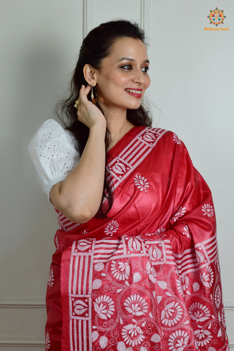 Rima - Red Tusser Silk Saree with Kantha Embroidery