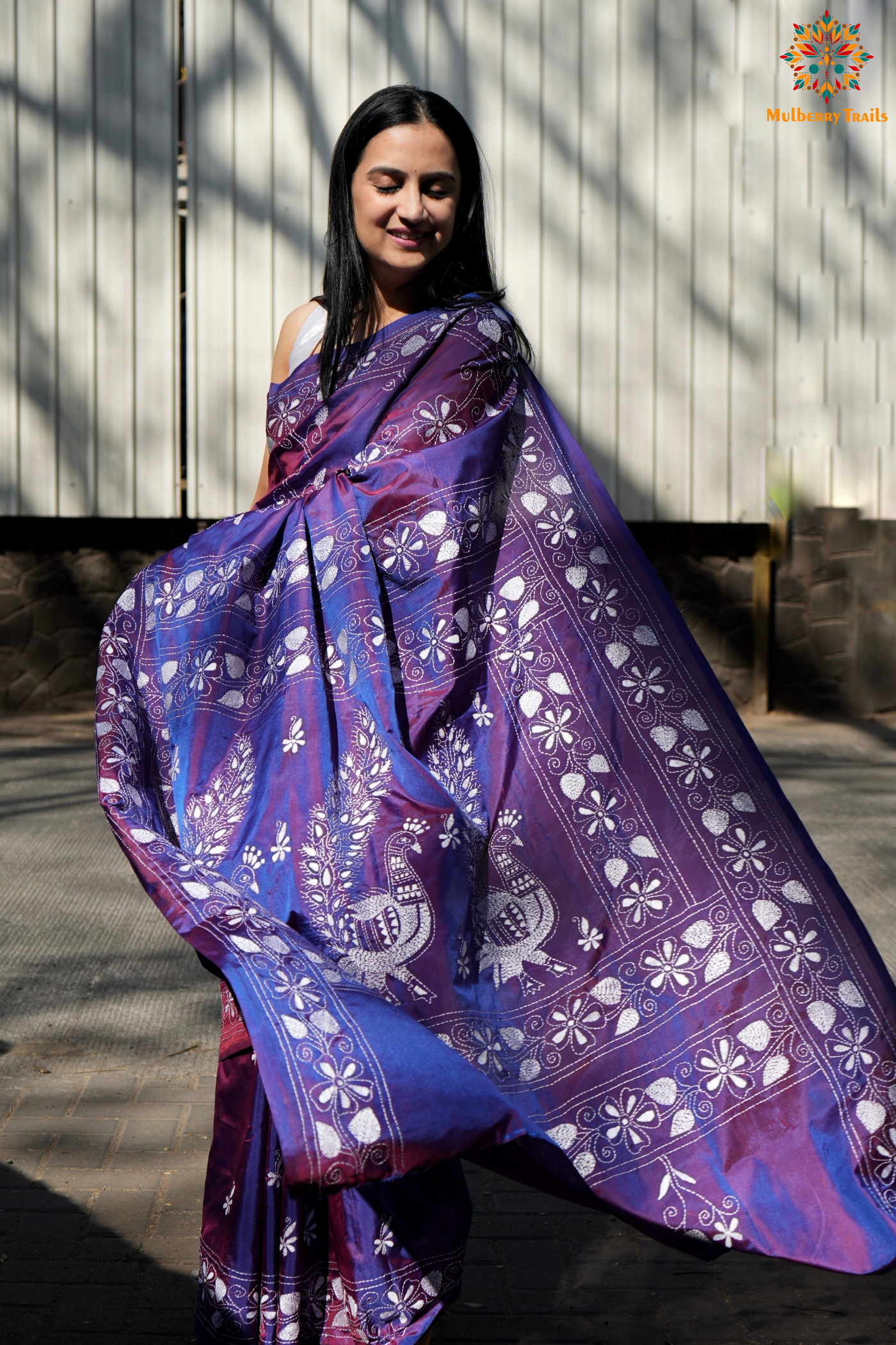 Koyna - Art Silk Kantha Embroidery Saree Purple