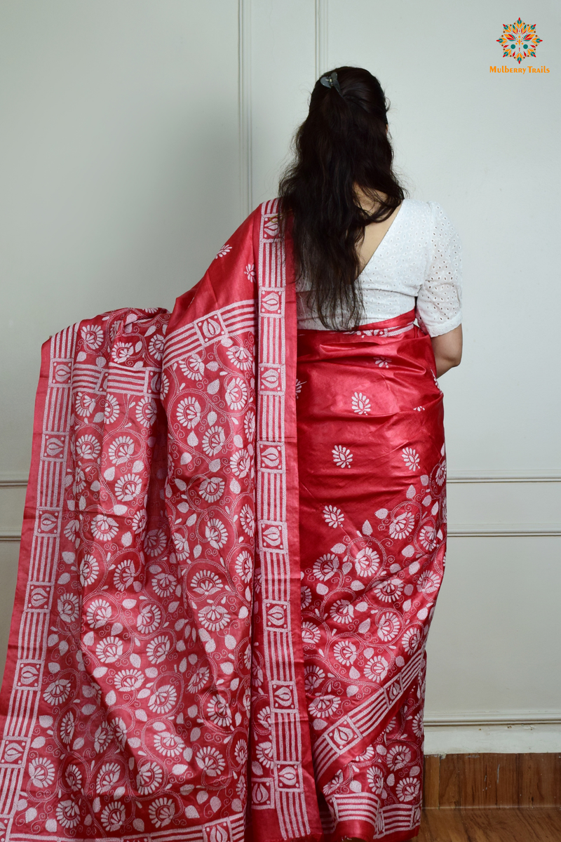 Rima - Red Tusser Silk Saree with Kantha Embroidery